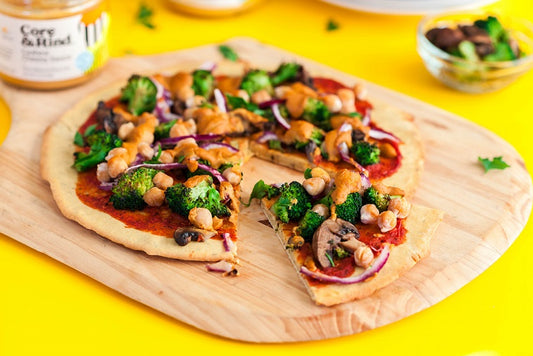Broccoli and "Cheese" Socca Pizza (dairy-free, gluten-free, plant-based)